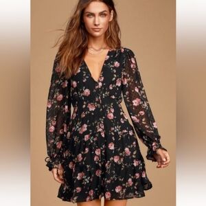 Lulu's Black and Pink Floral Long Sleeve Dress